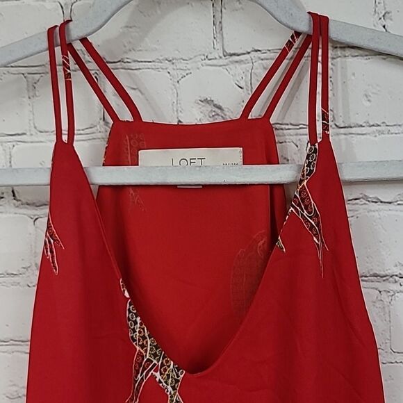 LOFT Petite Parrot Double Strappy Cami Red Tank Sleeveless Bird Blouse Shell Top - Picture 10 of 13